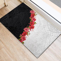 Hawaii Red Hibiscus Flowers Rubber Doormat Polynesian Pattern With Half Black White Version