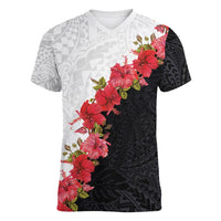 Hawaii Red Hibiscus Flowers Women V-Neck T-Shirt Polynesian Pattern With Half Black White Version LT03 Female Black - Polynesian Pride