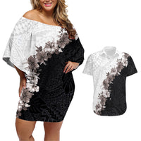 Hawaii Grayscale Hibiscus Flowers Couples Matching Off Shoulder Short Dress and Hawaiian Shirt Polynesian Pattern With Half Black White Version