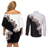 Hawaii Grayscale Hibiscus Flowers Couples Matching Off Shoulder Short Dress and Long Sleeve Button Shirt Polynesian Pattern With Half Black White Version