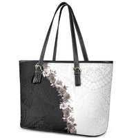 Hawaii Grayscale Hibiscus Flowers Leather Tote Bag Polynesian Pattern With Half Black White Version