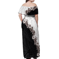 Hawaii Grayscale Hibiscus Flowers Off Shoulder Maxi Dress Polynesian Pattern With Half Black White Version