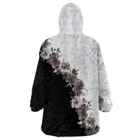Hawaii Grayscale Hibiscus Flowers Wearable Blanket Hoodie Polynesian Pattern With Half Black White Version