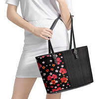 Hawaii Hibiscus and Plumeria Flowers Leather Tote Bag Tapa Tribal Pattern Half Style Colorful Mode