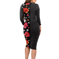 Hawaii Hibiscus and Plumeria Flowers Long Sleeve Bodycon Dress Tapa Tribal Pattern Half Style Colorful Mode