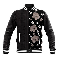 Hawaii Hibiscus and Plumeria Flowers Baseball Jacket Tapa Tribal Pattern Half Style Grayscale Mode LT03 Unisex Black - Polynesian Pride