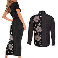 Hawaii Hibiscus and Plumeria Flowers Couples Matching Short Sleeve Bodycon Dress and Long Sleeve Button Shirt Tapa Tribal Pattern Half Style Grayscale Mode