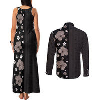 Hawaii Hibiscus and Plumeria Flowers Couples Matching Tank Maxi Dress and Long Sleeve Button Shirt Tapa Tribal Pattern Half Style Grayscale Mode