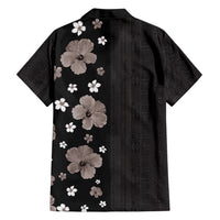 Hawaii Hibiscus and Plumeria Flowers Family Matching Long Sleeve Bodycon Dress and Hawaiian Shirt Tapa Tribal Pattern Half Style Grayscale Mode