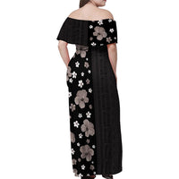 Hawaii Hibiscus and Plumeria Flowers Family Matching Off Shoulder Maxi Dress and Hawaiian Shirt Tapa Tribal Pattern Half Style Grayscale Mode