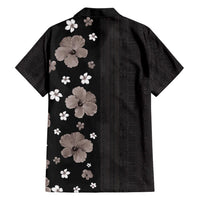 Hawaii Hibiscus and Plumeria Flowers Family Matching Short Sleeve Bodycon Dress and Hawaiian Shirt Tapa Tribal Pattern Half Style Grayscale Mode