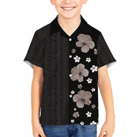 Hawaii Hibiscus and Plumeria Flowers Hawaiian Shirt Tapa Tribal Pattern Half Style Grayscale Mode