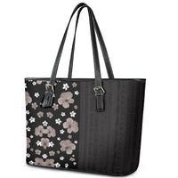 Hawaii Hibiscus and Plumeria Flowers Leather Tote Bag Tapa Tribal Pattern Half Style Grayscale Mode