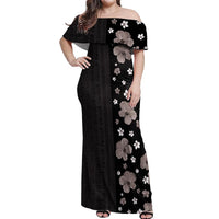Hawaii Hibiscus and Plumeria Flowers Off Shoulder Maxi Dress Tapa Tribal Pattern Half Style Grayscale Mode