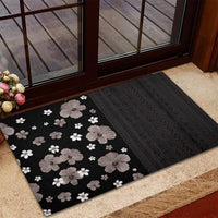 Hawaii Hibiscus and Plumeria Flowers Rubber Doormat Tapa Tribal Pattern Half Style Grayscale Mode