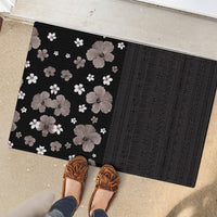 Hawaii Hibiscus and Plumeria Flowers Rubber Doormat Tapa Tribal Pattern Half Style Grayscale Mode