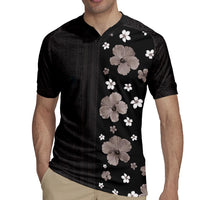 Hawaii Hibiscus and Plumeria Flowers Rugby Jersey Tapa Tribal Pattern Half Style Grayscale Mode