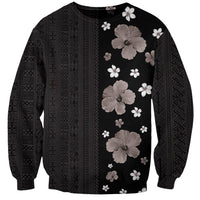 Hawaii Hibiscus and Plumeria Flowers Sweatshirt Tapa Tribal Pattern Half Style Grayscale Mode