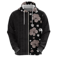 Hawaii Hibiscus and Plumeria Flowers Zip Hoodie Tapa Tribal Pattern Half Style Grayscale Mode