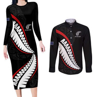 New Zealand Rugby Custom Couples Matching Long Sleeve Bodycon Dress and Long Sleeve Button Shirt Sporty Silver Fern Shape with Maori Tattoos - Polynesian Pride