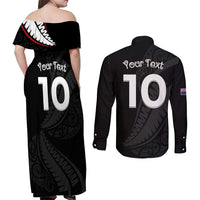 New Zealand Rugby Custom Couples Matching Off Shoulder Maxi Dress and Long Sleeve Button Shirt Sporty Silver Fern Shape with Maori Tattoos - Polynesian Pride