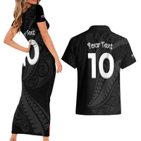 New Zealand Rugby Custom Couples Matching Short Sleeve Bodycon Dress and Hawaiian Shirt Sporty Silver Fern Shape with Maori Tattoos - Polynesian Pride