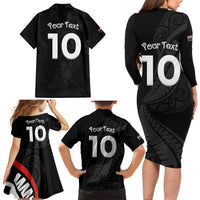 New Zealand Rugby Custom Family Matching Long Sleeve Bodycon Dress and Hawaiian Shirt Sporty Silver Fern Shape with Maori Tattoos - Polynesian Pride