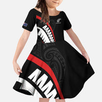 New Zealand Rugby Custom Family Matching Off The Shoulder Long Sleeve Dress and Hawaiian Shirt Sporty Silver Fern Shape with Maori Tattoos - Polynesian Pride