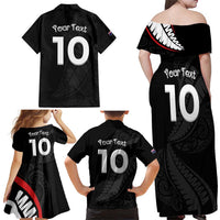 New Zealand Rugby Custom Family Matching Off Shoulder Maxi Dress and Hawaiian Shirt Sporty Silver Fern Shape with Maori Tattoos - Polynesian Pride