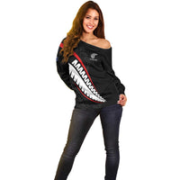 New Zealand Rugby Custom Off Shoulder Sweater Sporty Silver Fern Shape with Maori Tattoos - Polynesian Pride