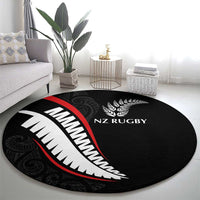 New Zealand Rugby Round Carpet Sporty Silver Fern Shape with Maori Tattoos - Polynesian Pride