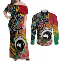 Vanuatu and Australia Together Couples Matching Off Shoulder Maxi Dress and Long Sleeve Button Shirt Kangaroo with Pig Tusk Indigenous Pattern LT03 Black - Polynesian Pride