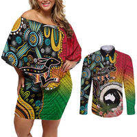 Vanuatu and Australia Together Couples Matching Off Shoulder Short Dress and Long Sleeve Button Shirt Kangaroo with Pig Tusk Indigenous Pattern LT03 Black - Polynesian Pride