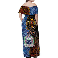 Samoa and Australia Together Family Matching Off Shoulder Maxi Dress and Hawaiian Shirt Kangaroo and Tribal Hibiscus Aboriginal Pattern