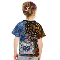 Samoa and Australia Together Kid T Shirt Kangaroo and Tribal Hibiscus Aboriginal Pattern