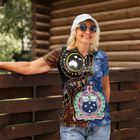 Samoa and Australia Together Women Polo Shirt Kangaroo and Tribal Hibiscus Aboriginal Pattern
