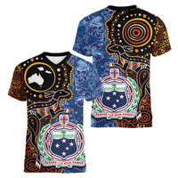 Samoa and Australia Together Women V-Neck T-Shirt Kangaroo and Tribal Hibiscus Aboriginal Pattern