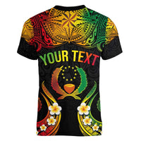 Personalised Pohnpei Independence Day Women V-Neck T-Shirt Polynesian Tattoo and Plumeria Reggae Color