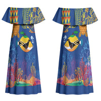 Hawaii Ocean Couples Matching Off Shoulder Maxi Dress and Hawaiian Shirt Pineapple Turtle and Mango Reef Triggerfish and Kakau Tattoo LT03 - Polynesian Pride