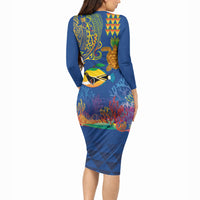 Hawaii Ocean Long Sleeve Bodycon Dress Pineapple Turtle and Mango Reef Triggerfish and Kakau Tattoo