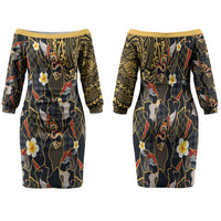 Hawaiian and Japanese Family Matching Off The Shoulder Long Sleeve Dress and Hawaiian Shirt Polynesian Tattoo with Japanese Culture Kintsugi Style LT03 Mom's Dress Multicolor - Polynesian Pride
