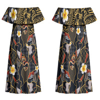 Hawaiian and Japanese Family Matching Off Shoulder Maxi Dress and Hawaiian Shirt Polynesian Tattoo with Japanese Culture Kintsugi Style LT03 Mom's Dress Multicolor - Polynesian Pride
