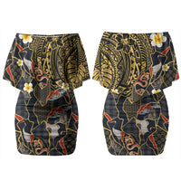 Hawaiian and Japanese Family Matching Off Shoulder Short Dress and Hawaiian Shirt Polynesian Tattoo with Japanese Culture Kintsugi Style LT03 Mom's Dress Multicolor - Polynesian Pride
