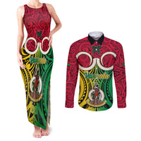 Vanuatu Couples Matching Tank Maxi Dress and Long Sleeve Button Shirts Pig Tusk Mix Maori Pattern and Namele Leaf LT03 Red - Polynesian Pride