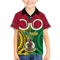 Vanuatu Family Matching Off Shoulder Maxi Dress and Hawaiian Shirt Pig Tusk Mix Maori Pattern and Namele Leaf LT03 Son's Shirt Red - Polynesian Pride