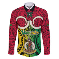 Vanuatu Family Matching Off Shoulder Short Dress and Hawaiian Shirt Pig Tusk Mix Maori Pattern and Namele Leaf LT03 Dad's Shirt - Long Sleeve Red - Polynesian Pride