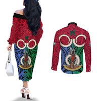 Vanuatu Shefa Province Couples Matching Off The Shoulder Long Sleeve Dress and Long Sleeve Button Shirts Pig Tusk Mix Maori Pattern and Namele Leaf LT03 - Polynesian Pride