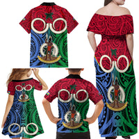 Vanuatu Shefa Province Family Matching Off Shoulder Long Sleeve Dress and Hawaiian Shirt Pig Tusk Mix Maori Pattern and Namele Leaf LT03 - Polynesian Pride