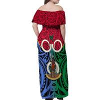 Vanuatu Shefa Province Family Matching Off Shoulder Maxi Dress and Hawaiian Shirt Pig Tusk Mix Maori Pattern and Namele Leaf LT03 - Polynesian Pride