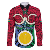 Vanuatu Shefa Province Family Matching Summer Maxi Dress and Hawaiian Shirt Pig Tusk Mix Maori Pattern and Namele Leaf LT03 Dad's Shirt - Long Sleeve Red - Polynesian Pride